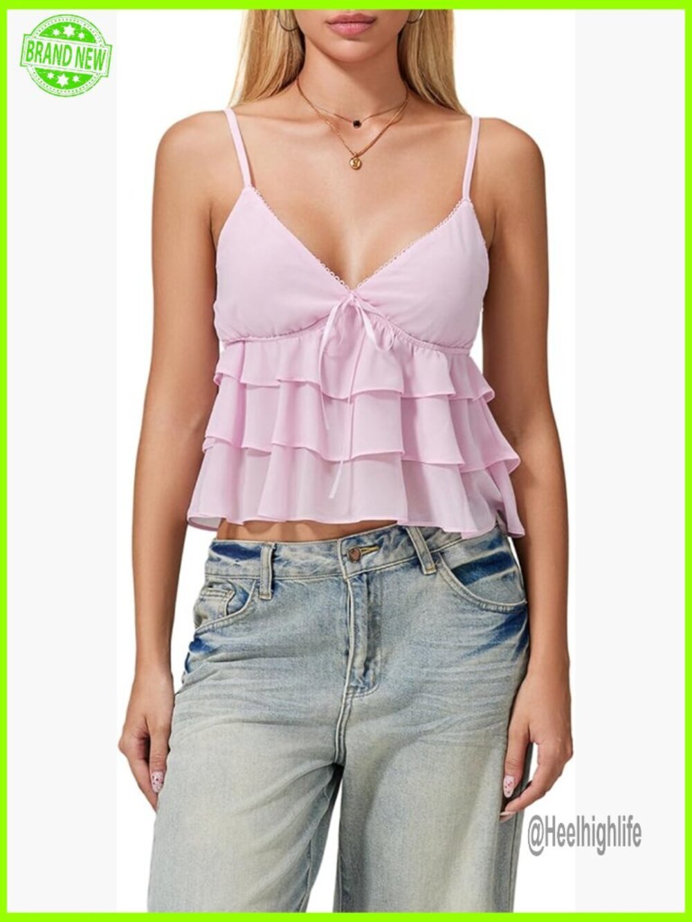 Y2K Ruffle Low Cut Camisole Spaghetti Strap Bow Trim Backless Crop Top